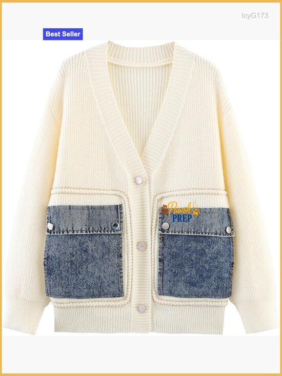 Sweaters - Open Front Patchwork Cardigan Sweater with Denim Pockets V Neck Button Down